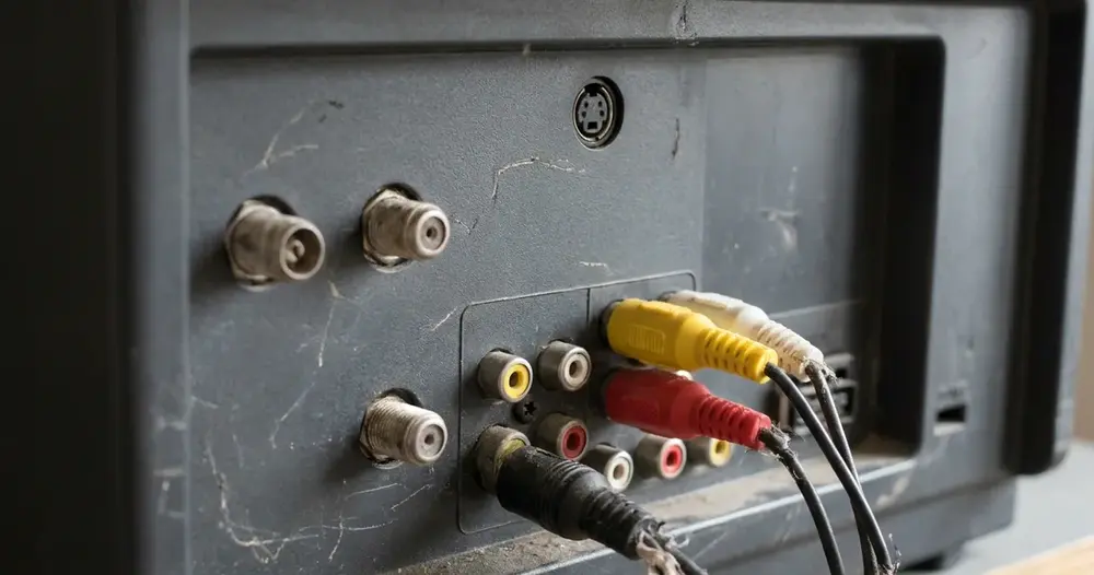 painel traseiro de televisão com entradas de antena e vídeo em close
